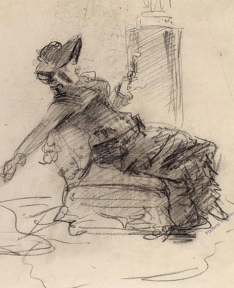 Bruno Piglhein - Donna seduta con un cappello che guarda una piccola figura